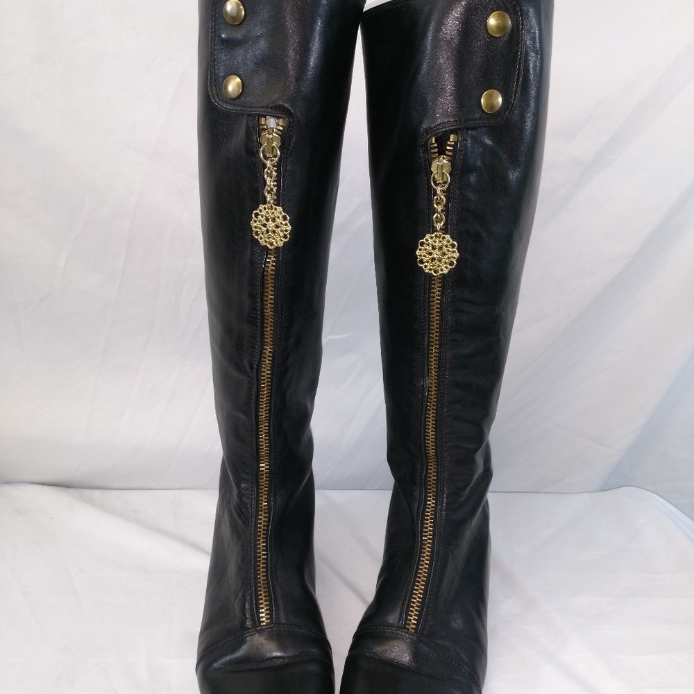 Black Leather Knee-High Boots with Gold Zipper Detail